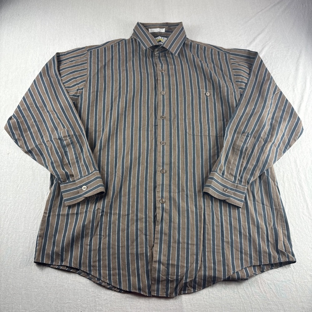 Vintage Le Tigre Shirt Mens XL Brown Black Striped Long Sleeve Button Up Preppy